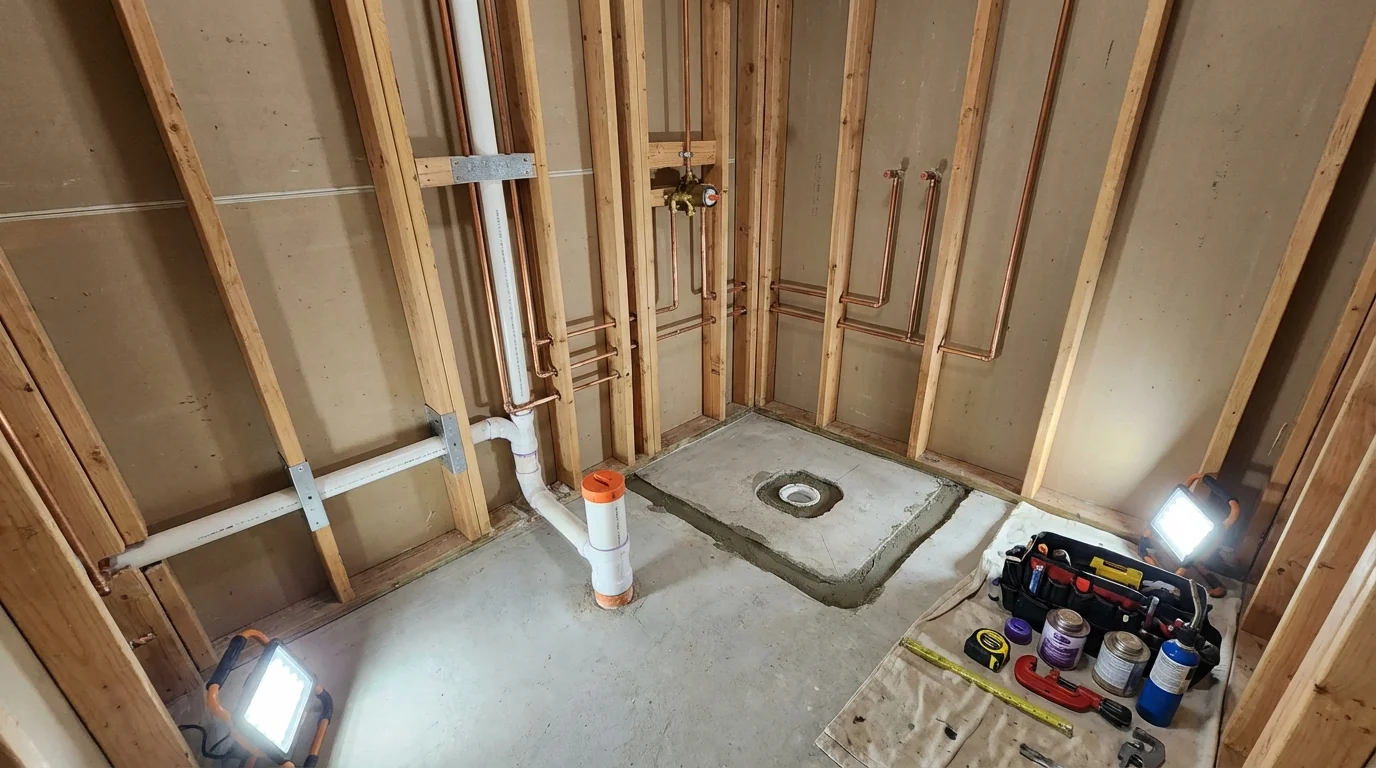 Bathroom rough-in plumbing during remodel by Johns Plumbing LLC in East Elmhurst