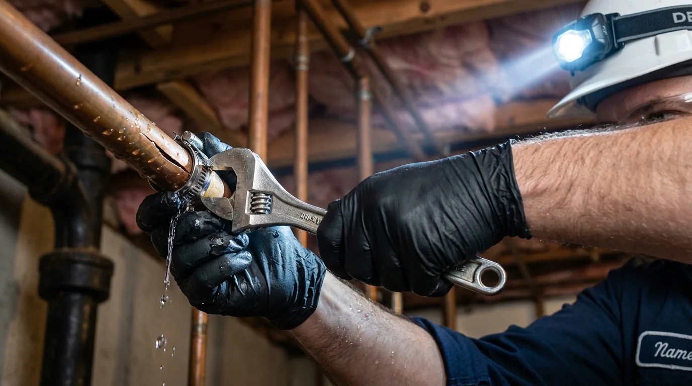 Emergency pipe clamp repair being performed by a Johns Plumbing LLC plumber in East Elmhurst
