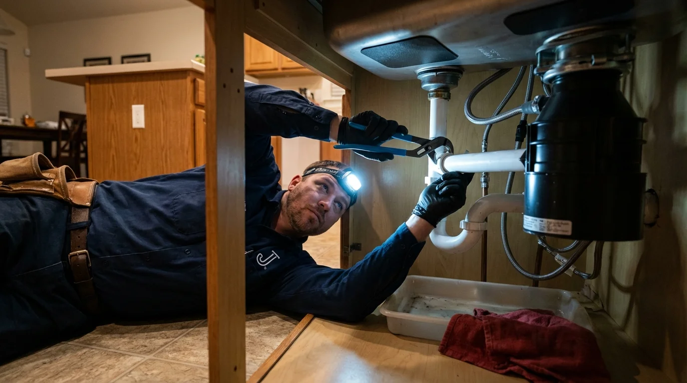 P-trap and supply line connections under a kitchen sink showing a common leak point in East Elmhurst, NY